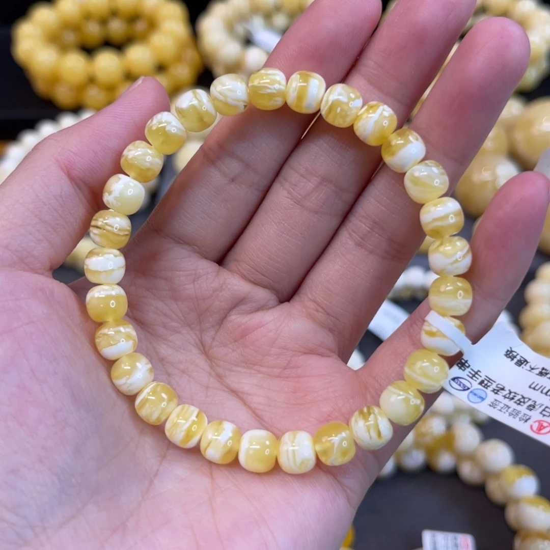 未镶嵌蜜蜡手串7*6.5mm金瓷白虎皮