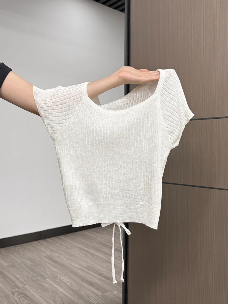 2025夏季新款纯欲白色系带薄款设计感针织短袖t恤女修身短款上衣