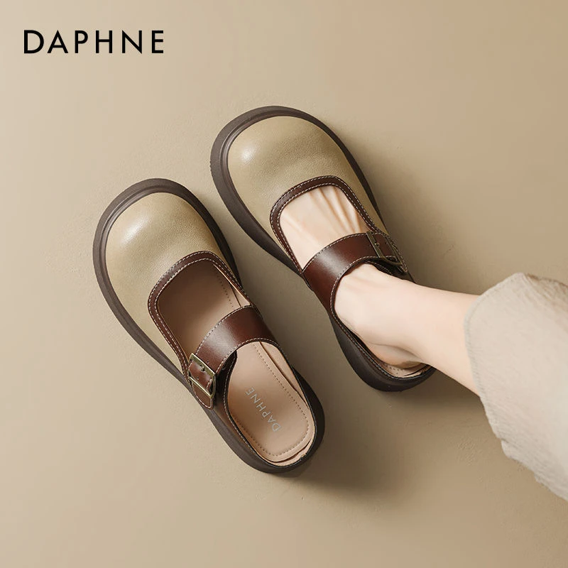 达芙妮包头半拖鞋女2025新款春秋一脚蹬厚底勃肯拖鞋复古玛丽珍鞋