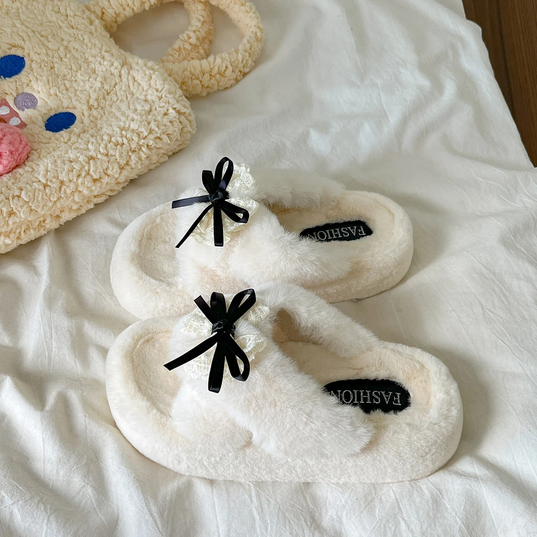 蝴蝶结毛毛拖鞋女外穿2025新款秋冬保暖毛毛鞋厚底增高一字棉拖鞋
