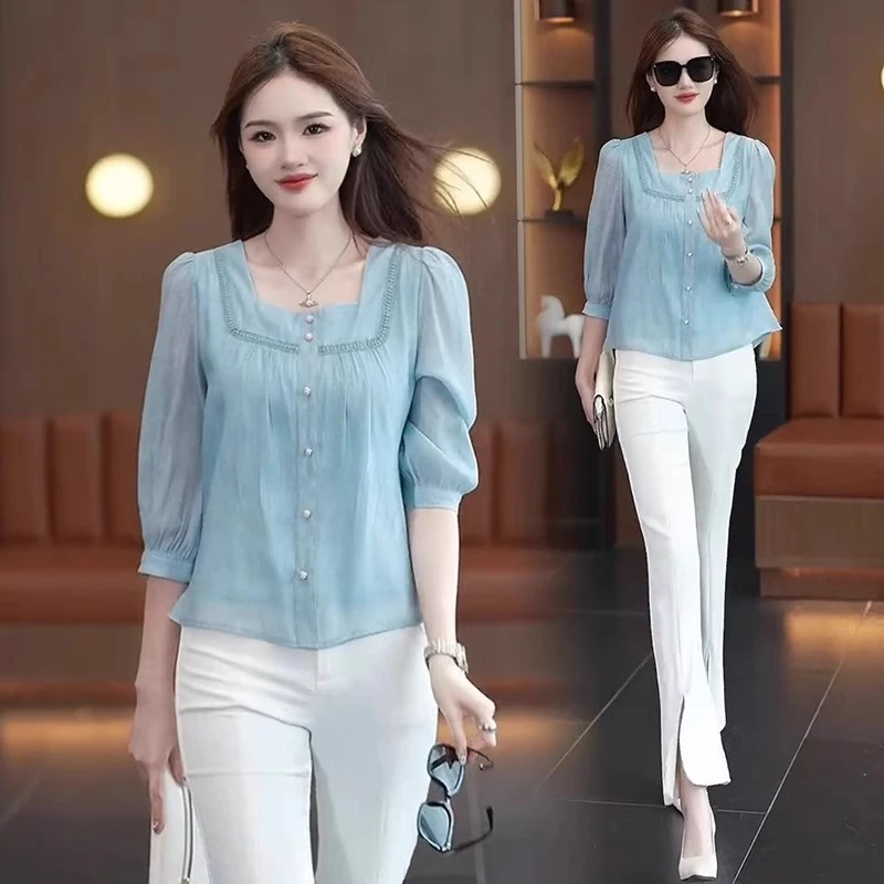 方领极简风七分袖U型领法式衬衫春夏小众气质显瘦减龄衬衣