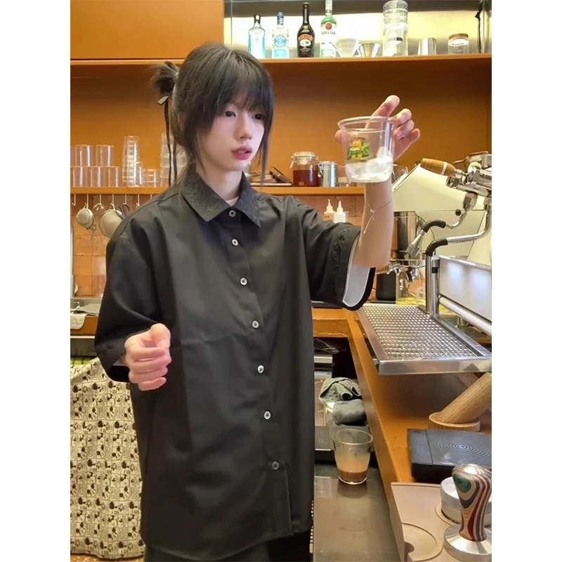 美式cleanfit黑色永生花领刺绣短袖衬衫男款夏季凉感冰丝衬衣外套