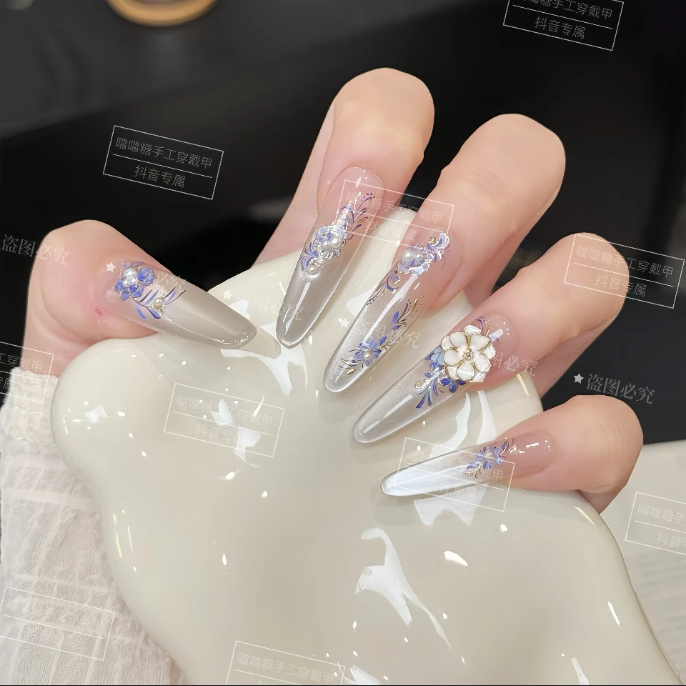 【青花瓷】新款新中式美甲纯手工穿戴甲裸色梯形显白高级气质美甲片