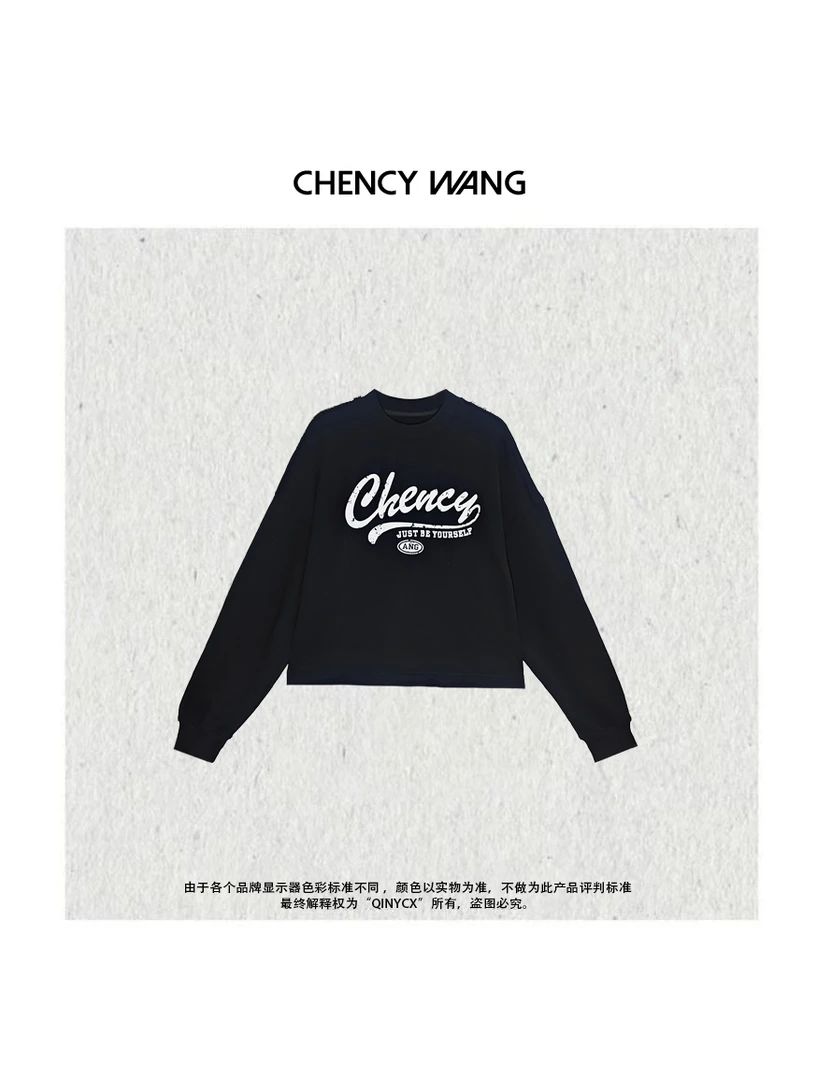『CHENCY WANG』黑色格调 设计款暗黑潮酷字母毛边圆领卫衣