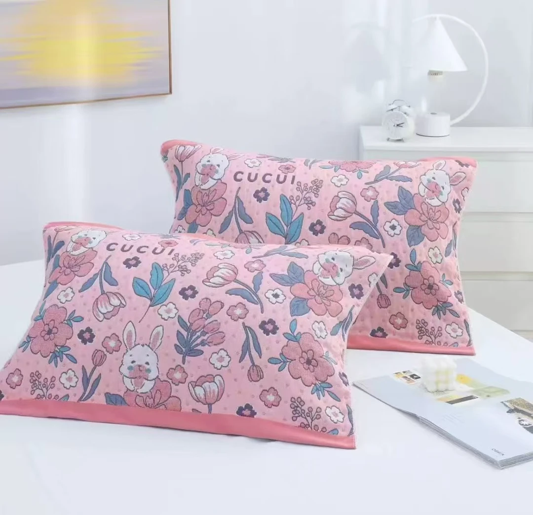 花朵兔子纱布枕巾一对52*78尺寸单人枕巾成人柔软情侣加大欧式