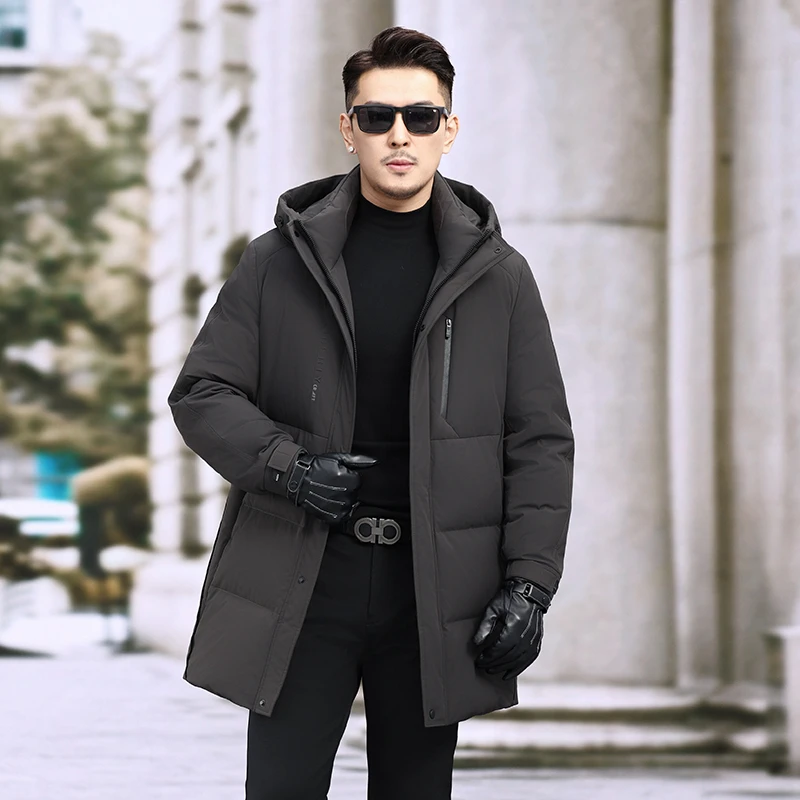冬季90鸭绒加厚防寒连帽男款羽绒服中长款商务休闲保暖羽绒外套