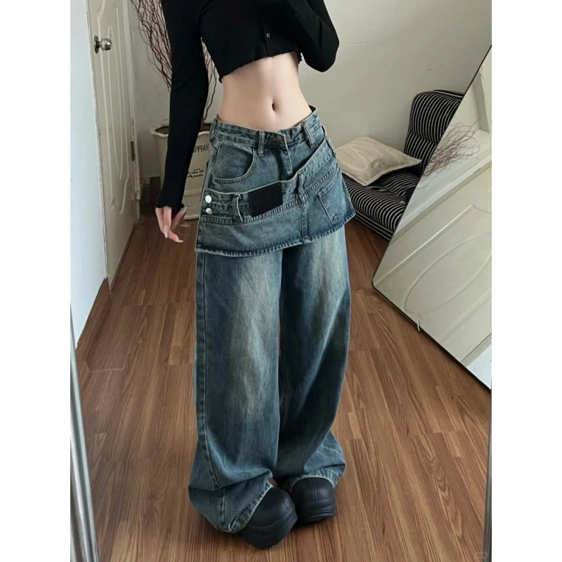 美式复古假两件屁帘拼接叠穿裙裤女辣妹设计感小众百搭阔腿直筒裤