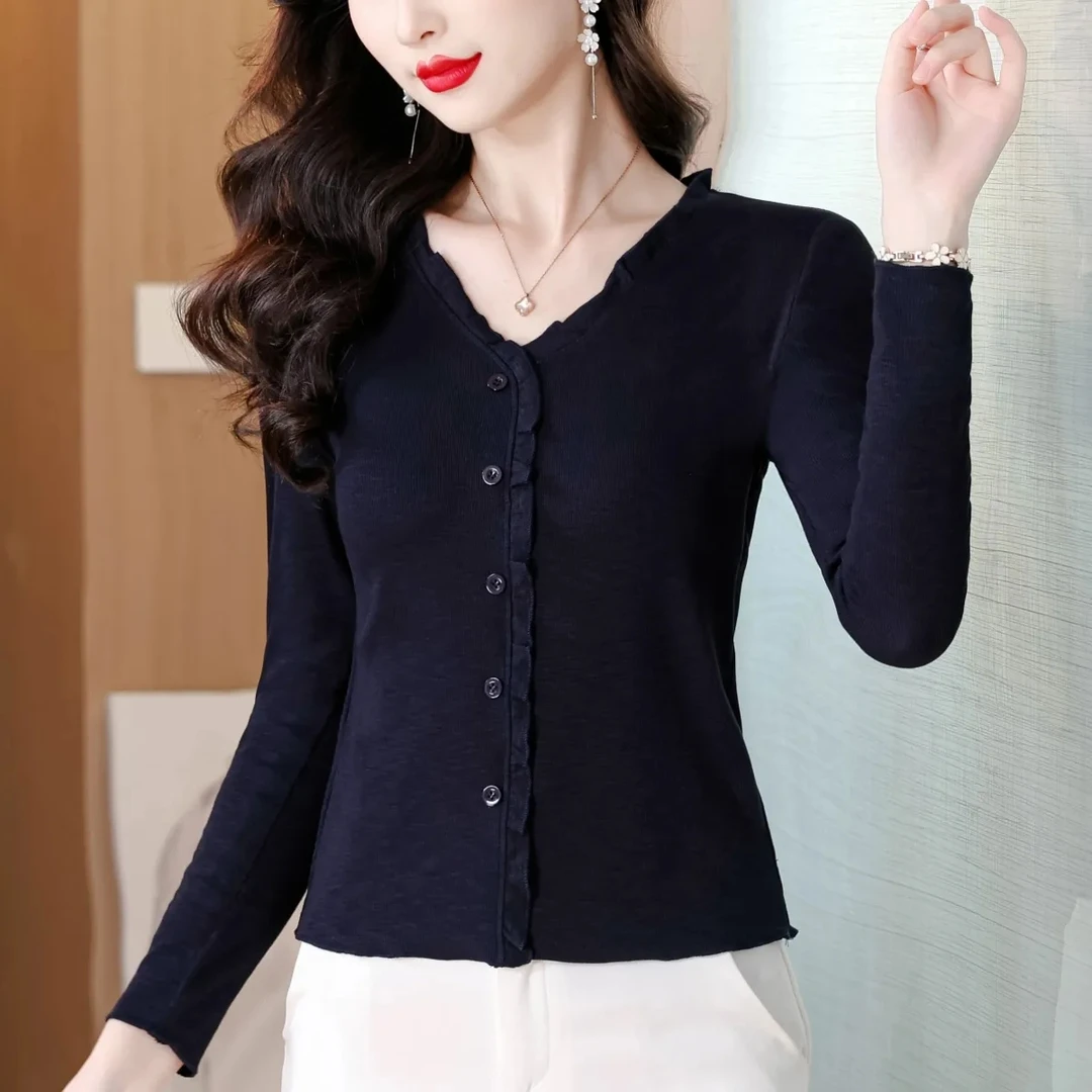 V领洋气木耳边长袖打底衫T恤女秋时尚弹力显瘦纯色打底衫上衣8311