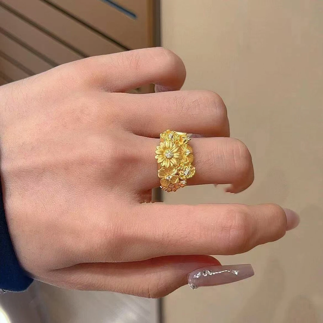 铜合金戒指 【隆金】时尚同款繁花锦簇黄金色镶钻戒指女新款小众