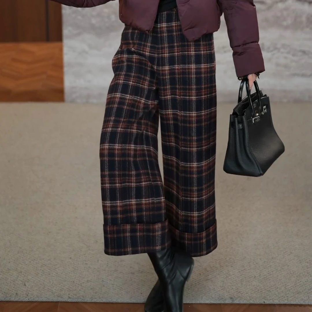 撞色格纹大码休闲加厚裤女2025秋冬新款时尚半松紧腰阔腿直筒长裤