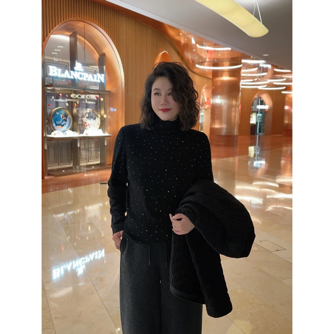 微胖女装【夜揽星河】漫天星彩钻绵羊毛堆堆领打底毛衣8102