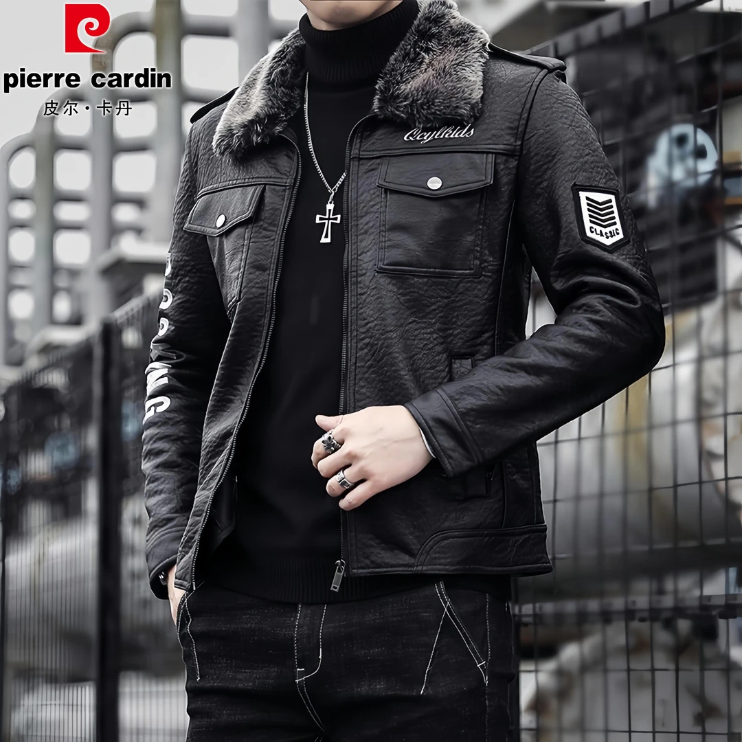 皮尔卡丹男士时尚皮衣毛领加绒外套夹克时尚潮牌休闲百搭男装上衣