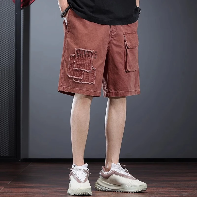 高端阔腿工装短裤男宽松休闲中裤美式重磅纯棉砖红色五分伐木裤潮