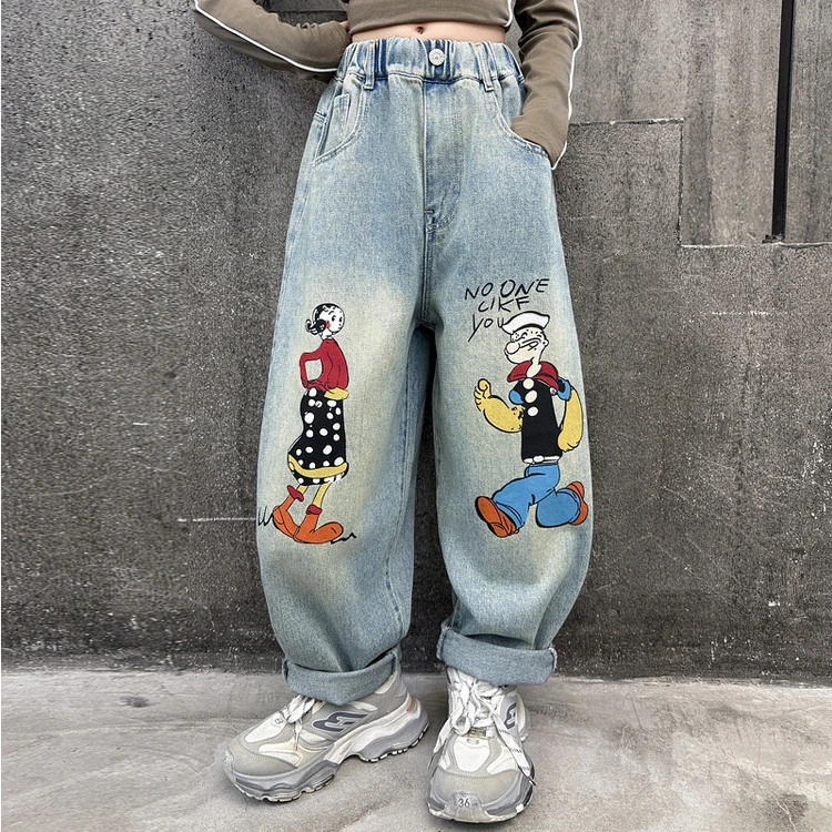 女童牛仔裤2025春秋新款洋气破洞儿童长裤大童春季涂鸦直筒老爹裤