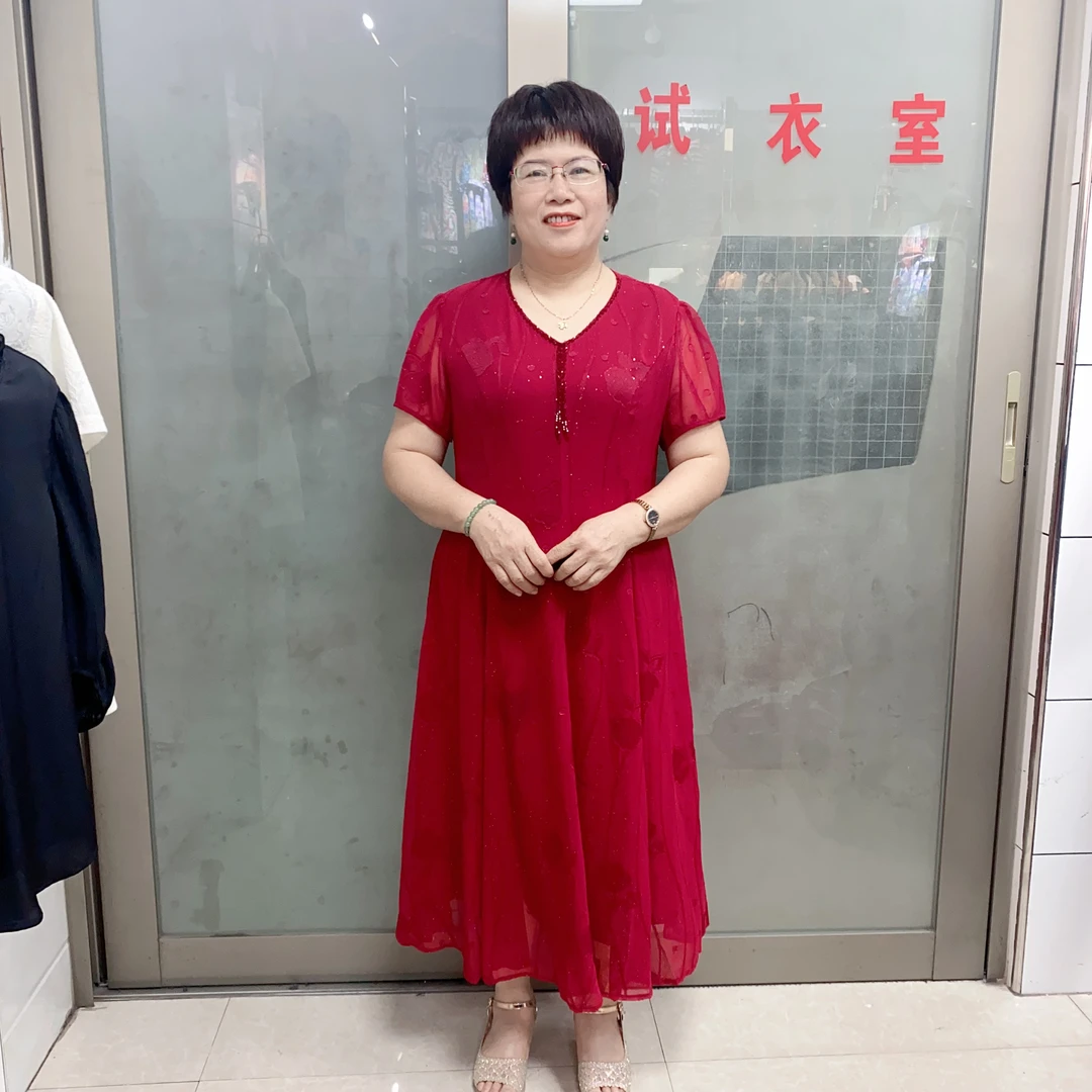 夏季新款V领收腰显瘦中年妈妈气质减龄网纱高弹连衣裙