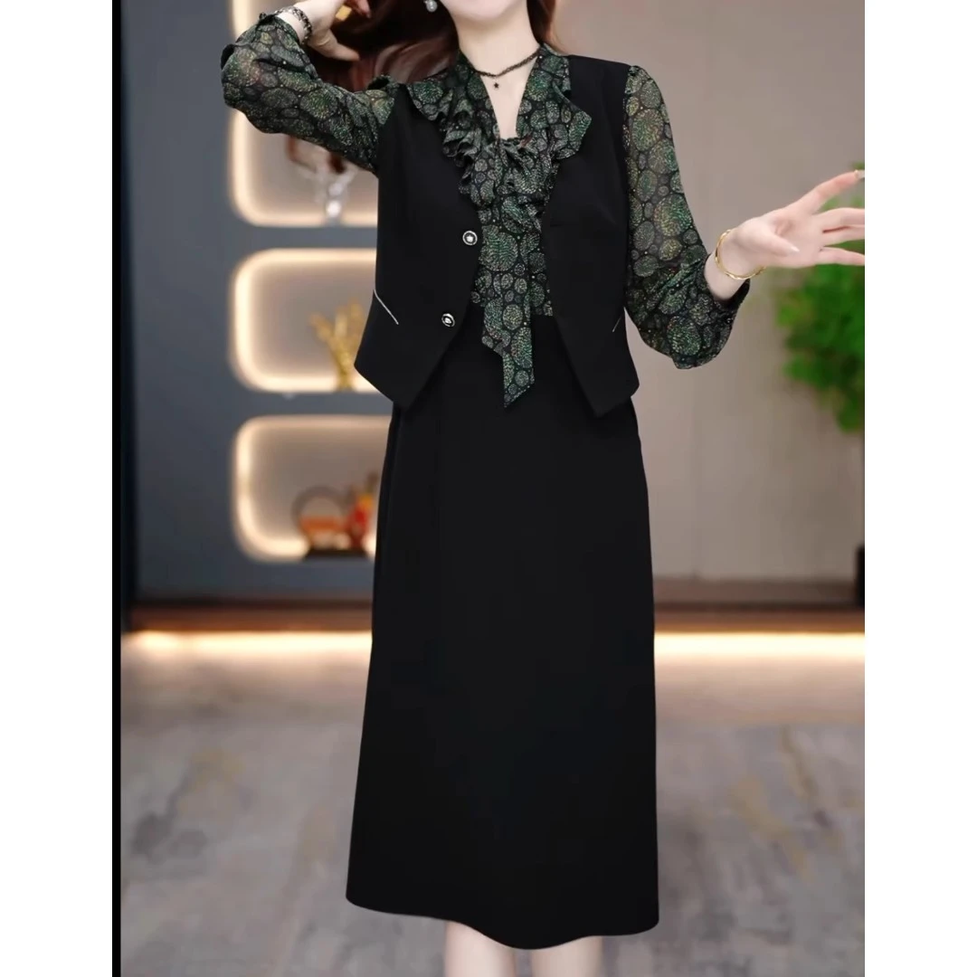 假三件碎花新款裙子女2025春季气质韩版显瘦百搭收腰中长款连衣裙