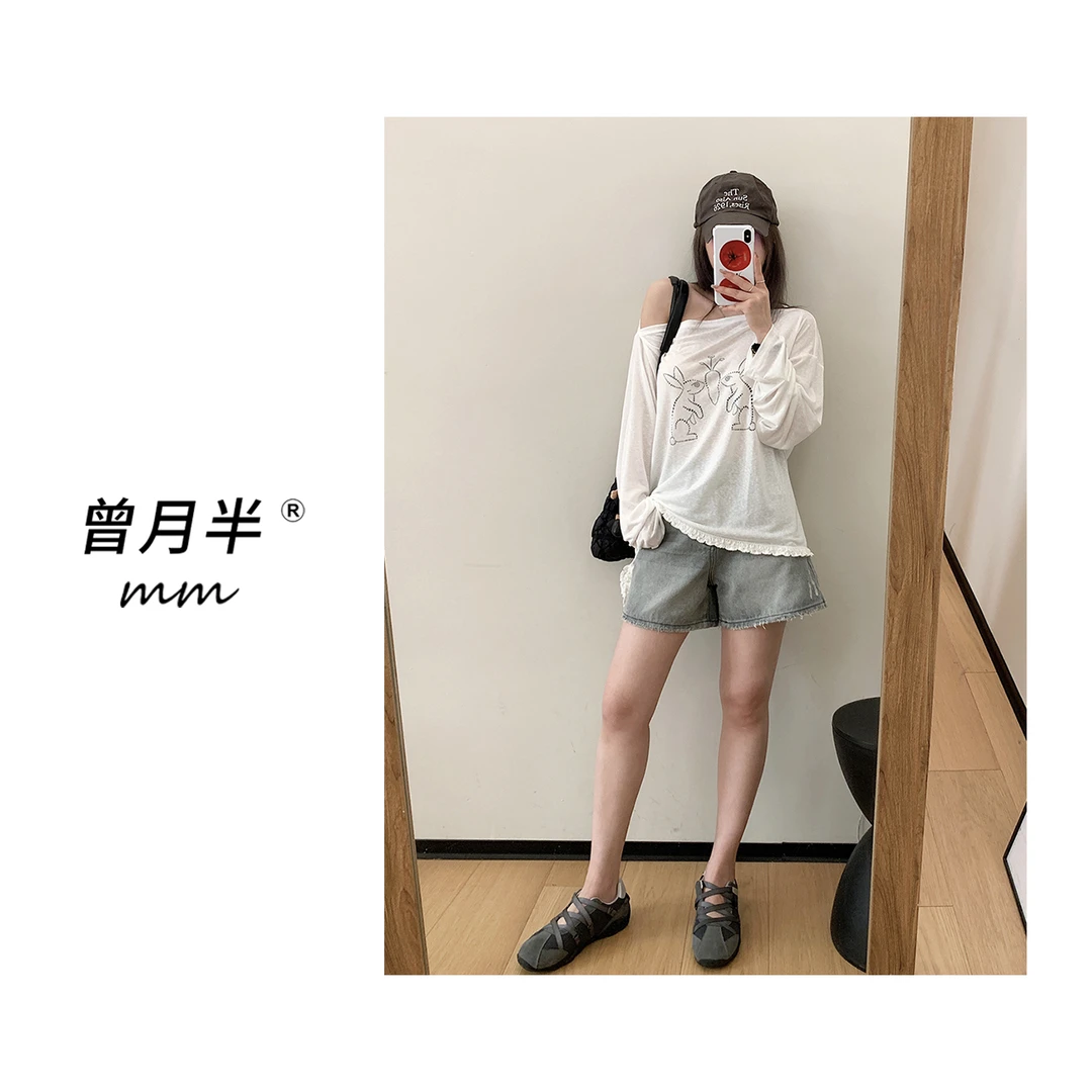 曾月半《斜肩兔子T》敲可爱蕾丝边天丝防晒长袖罩衫！ZS1156