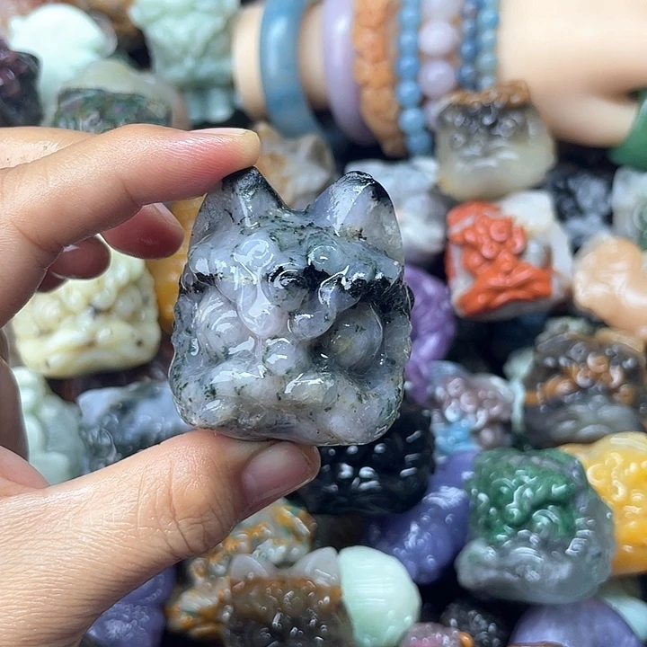 未镶嵌石英质玉珠宝奇石绿水草醒狮