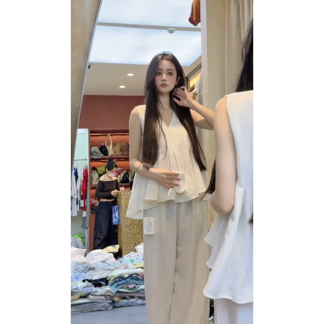 MARIE.COCO法式温柔套装无袖V领宽松背心女夏季高腰拖地裤两件套