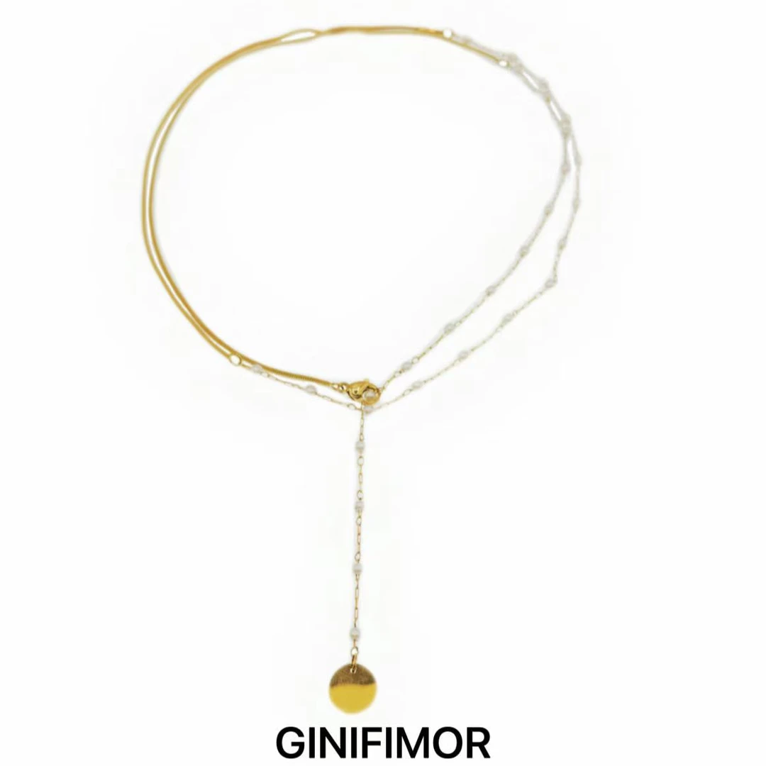 GINIFIMOR 铜合金仿珍珠项链 a636 双层拼接仿珍珠长链百搭蛇骨链
