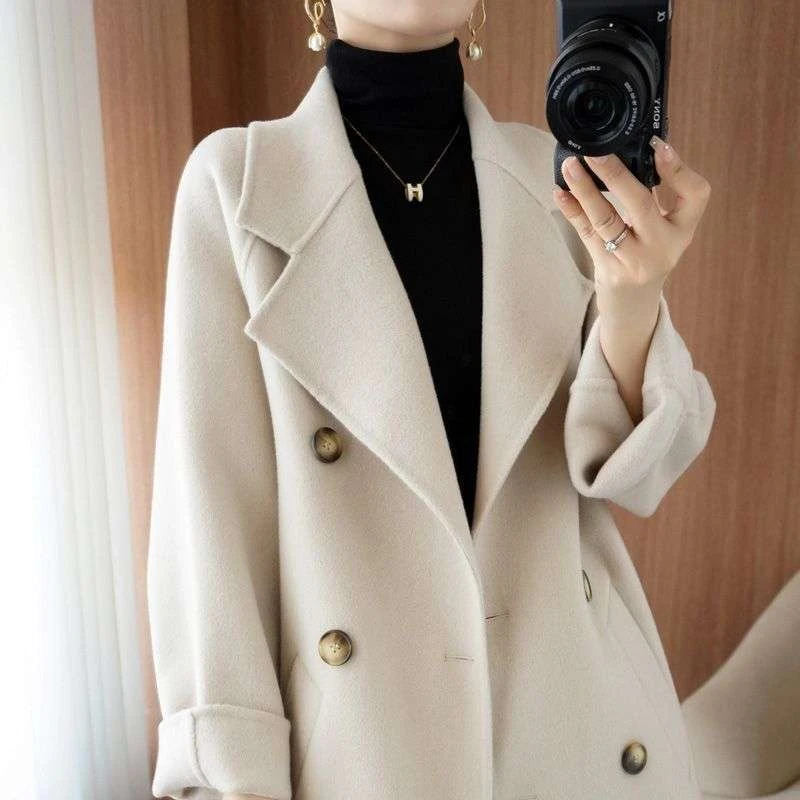 羊毛双面呢羊毛大衣女士高档双排扣长款秋冬季赫本风中老年外套