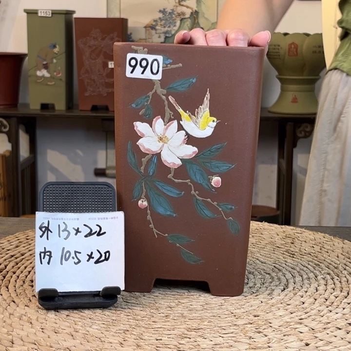 紫砂花盆 放漏特惠紫泥彩绘四方签筒990