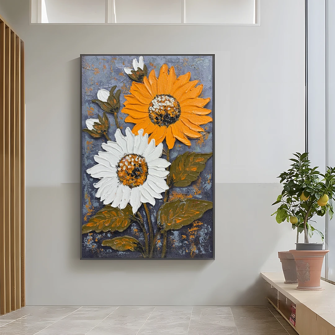 现代手工立体油画花朵装饰画客厅卧室玄关背景墙挂画向日葵80120