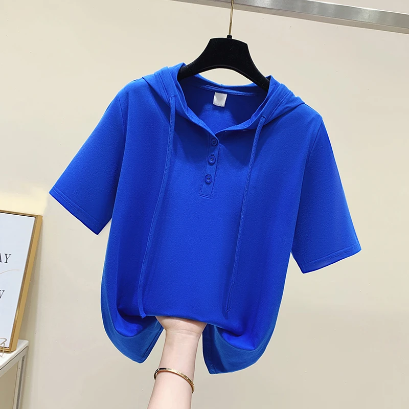 连帽时尚短袖T恤2025新款爆款遮肉显瘦洋气百搭欧货简约上衣女装