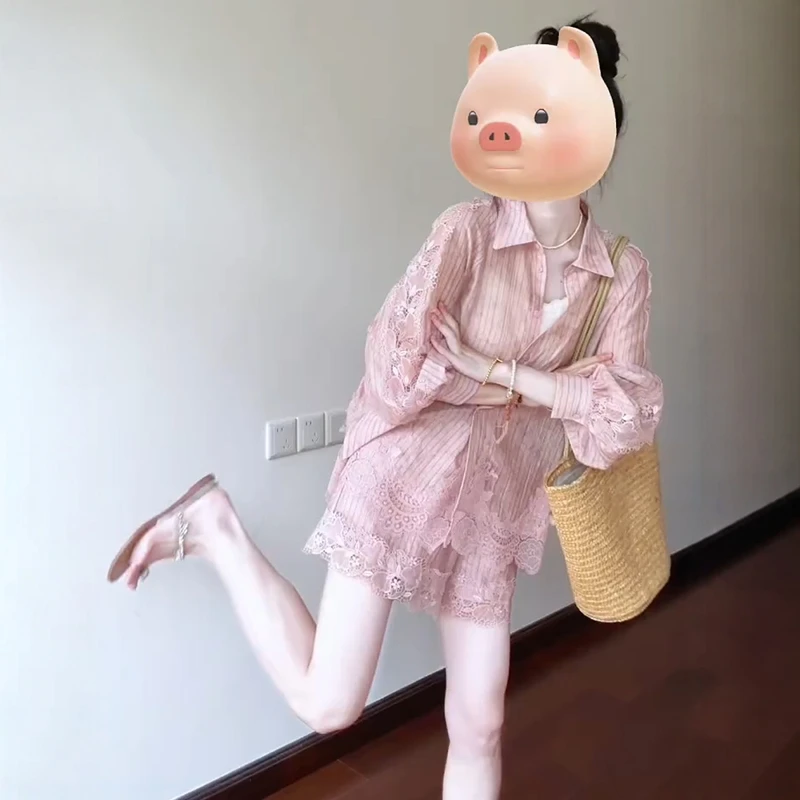 法式绝美粉色蕾丝长袖防晒衬衫短裤子两件套女夏季高级感休闲套装