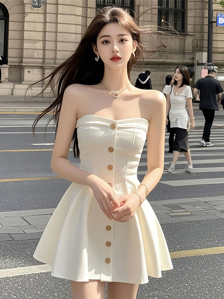 简约穿搭单排扣设计抹胸连衣裙子女装气质时尚高腰显瘦a字短裙潮