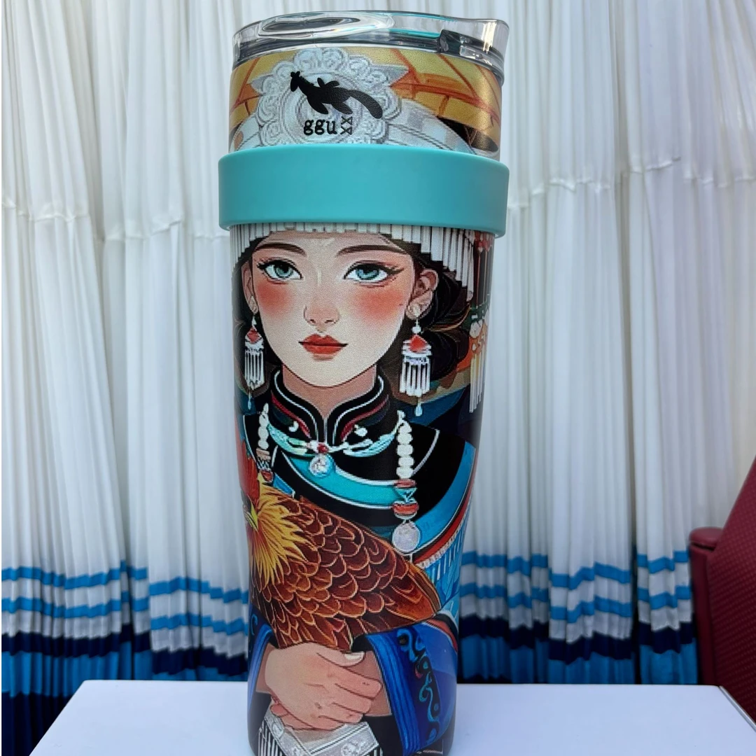 彝族超大容量文创插画保温杯学生司机户外运动长途简单便携