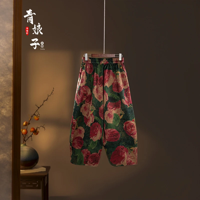 青娘子香云纱（璟瑶）重缎印花时尚松紧腰春夏宽松休闲阔腿裤60093