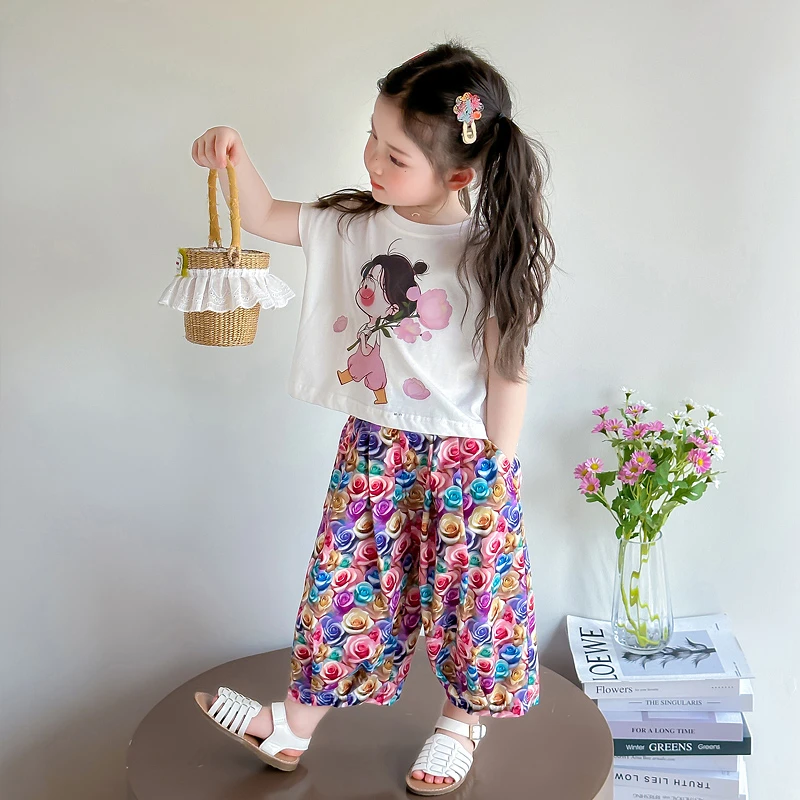 女童夏季套装2025新款儿童蝴蝶结卡通短袖碎花休闲裤女宝宝两件套