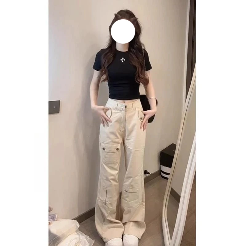 美式高街多口袋工装牛仔裤女2025冬季新款低腰宽松显瘦直筒拖地裤