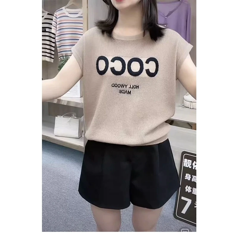 圆领字母潮流薄款冰丝t恤女针织衫大码女装遮肚胖mm夏款上衣宽松