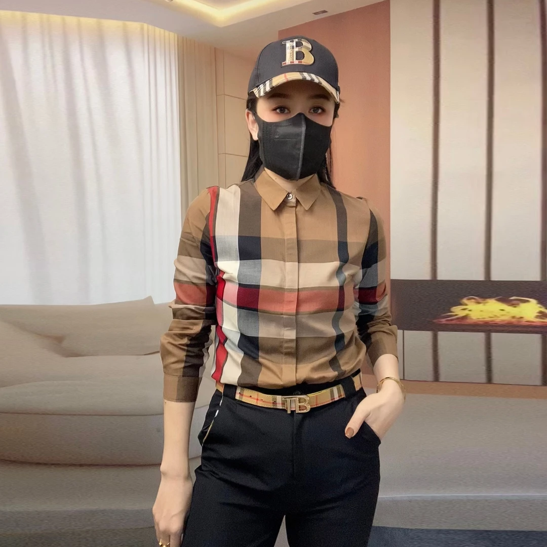 秋春季新款女装上衣条纹长袖高端衬衣翻领修身休闲格子百搭衬衫潮