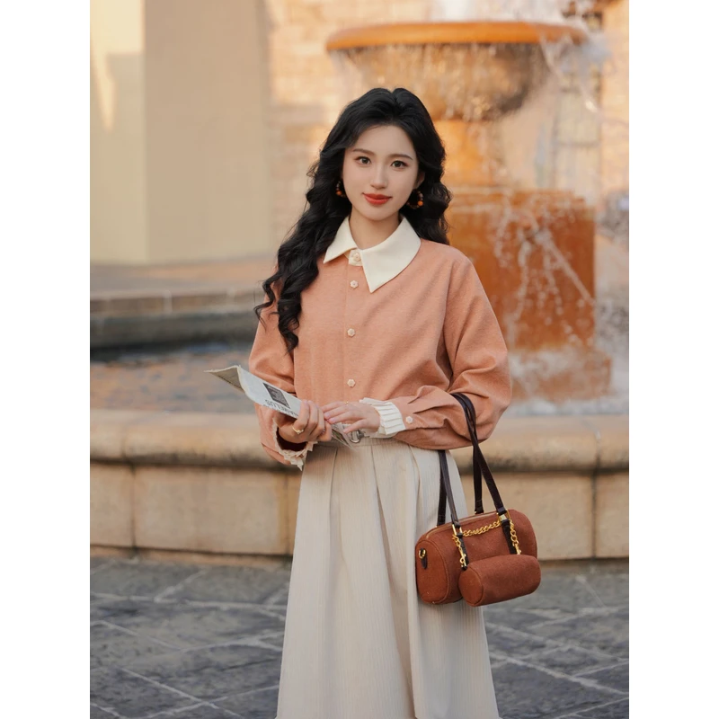 琦琦【干枯玫瑰】港风复古纯色长袖衬衫宽松百搭上衣YE0706111