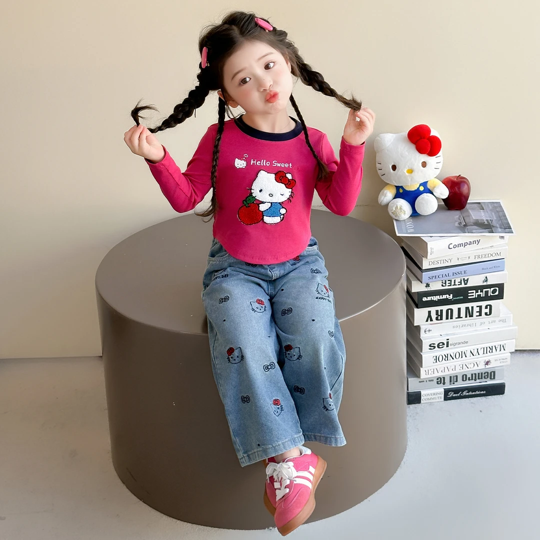女童套装洋气儿童KT猫打底衫牛仔裤两件套小女孩宝宝秋装2025新款