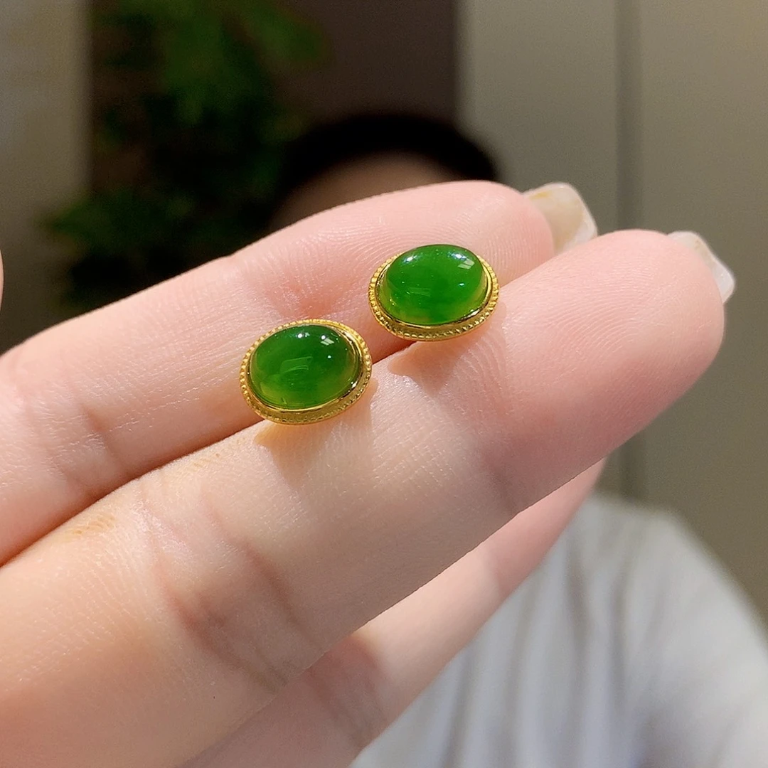 和田玉（碧玉）银S925镀金镶嵌耳饰
