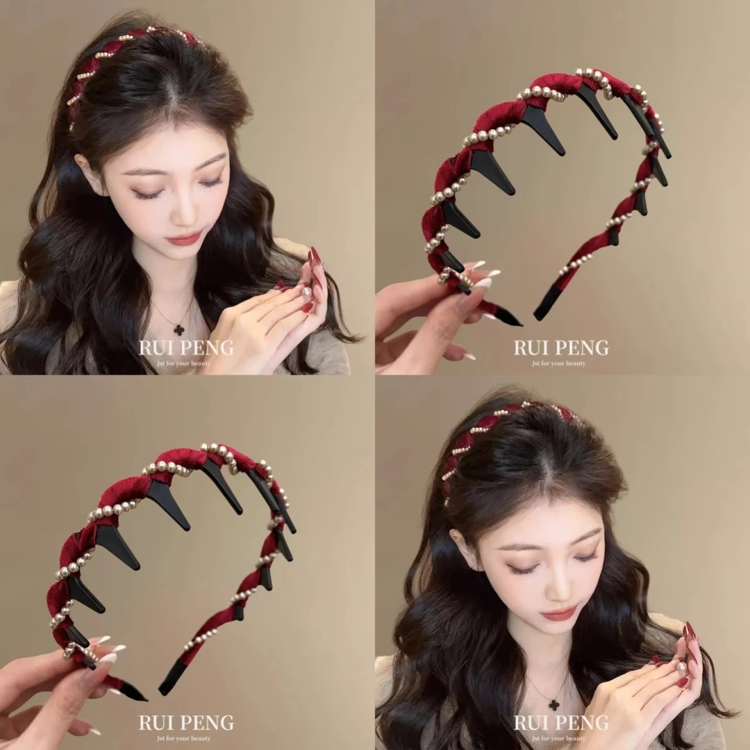高颅顶丝绒珠珠波浪发箍女2025新款洗脸防滑发卡碎发整理头箍发饰