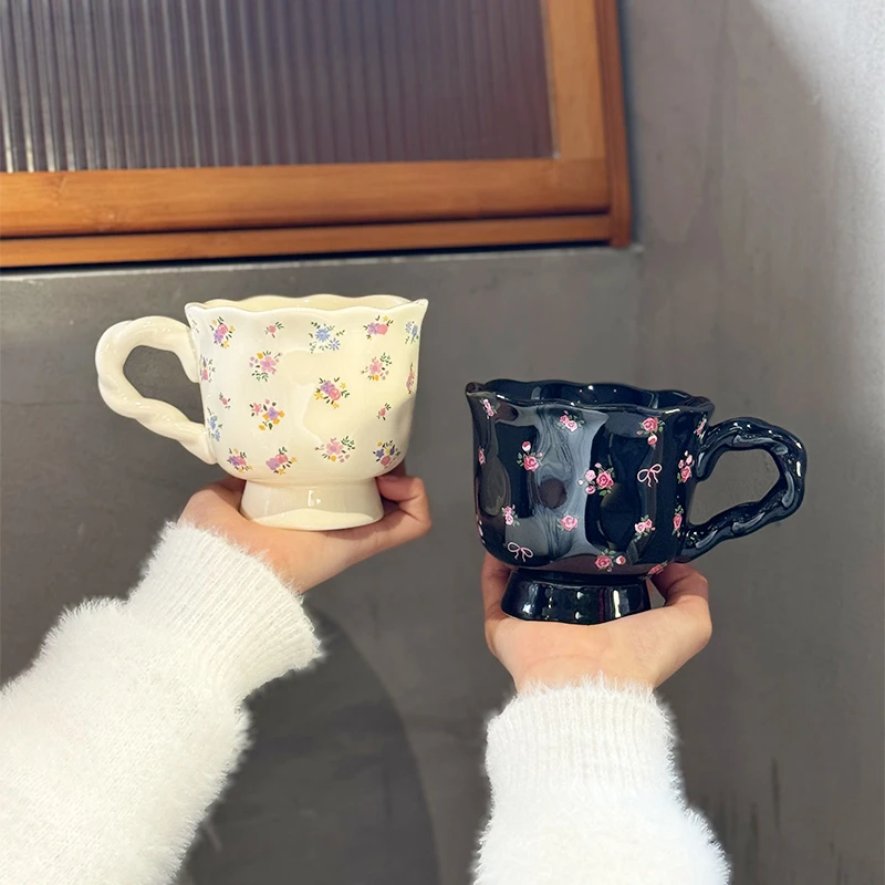 高颜值复古小碎花高脚陶瓷马克杯情侣喝水杯子家用咖啡杯礼物精致