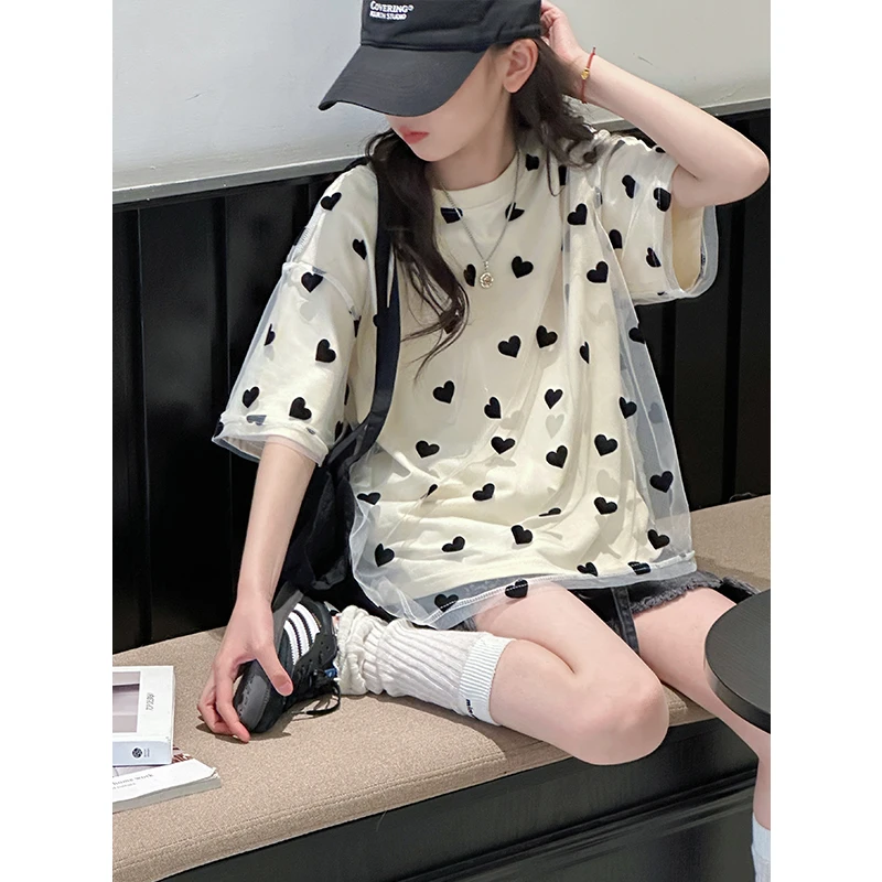 K28334双层网纱女童短袖T恤2025夏装新款儿童宽松休闲上衣罩衫潮t