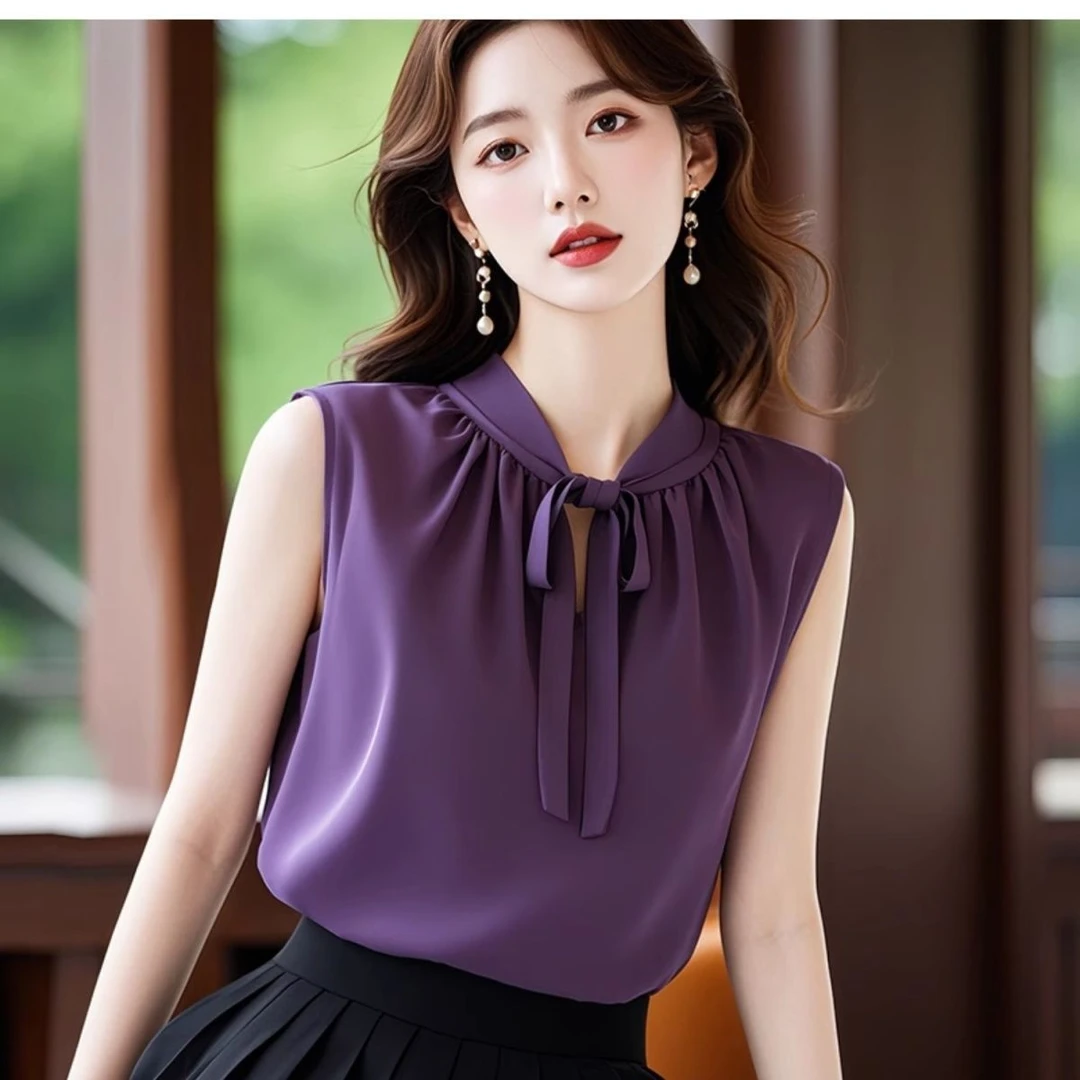 法式轻熟紫色背心无袖衬衫女设计感小众夏季独特别致绑带绝美上衣