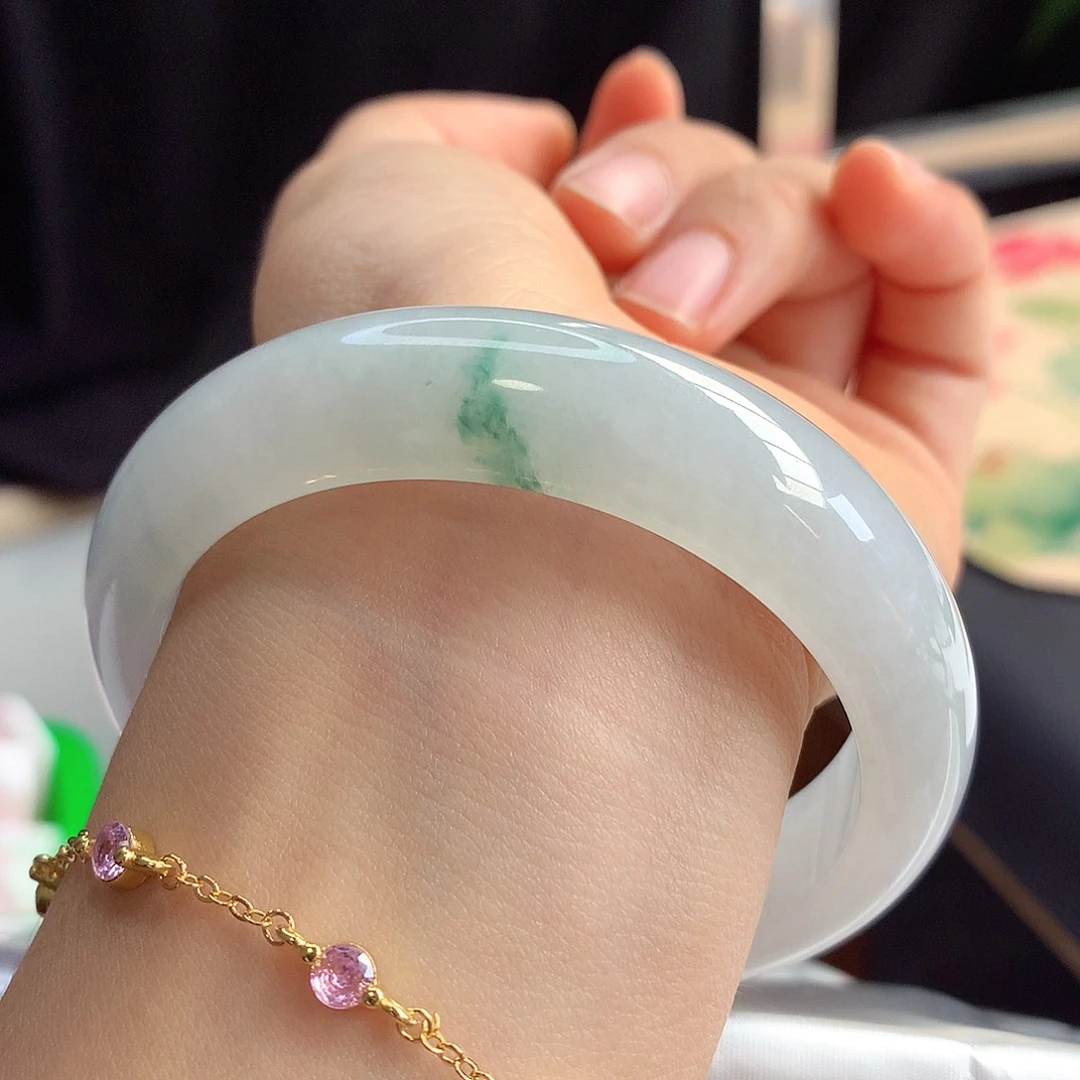 未镶嵌手镯翡翠57-58圈口完美一抹花特色宽版大气5号