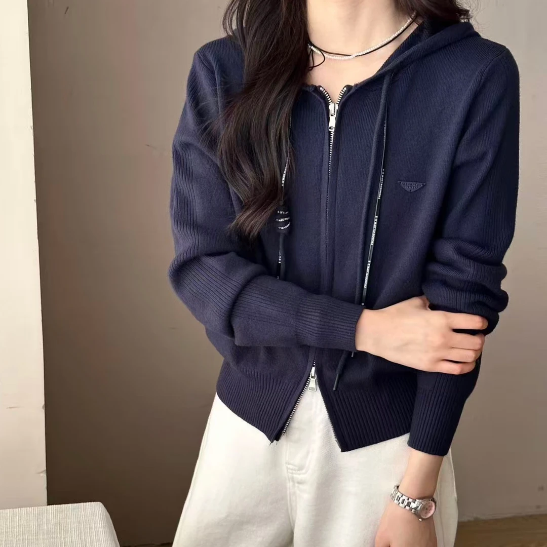 820纯欲风百搭针织秋季连帽毛针织衫开衫帽衫带帽休闲