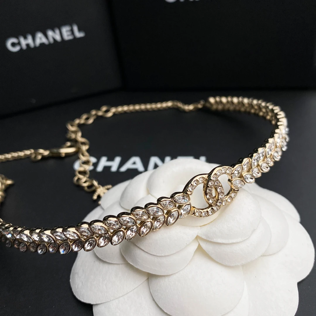 未使用 Chanel/香奈儿 双C香槟金麦穗满钻choker 项链 S4814