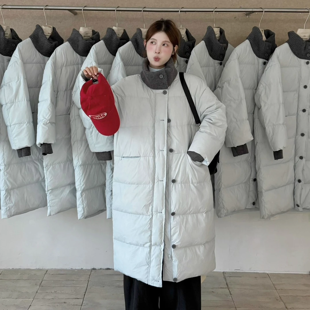 【奥莱撤柜】长款羽绒服女立领撞色针织拼接韩泡芙加厚短款羽绒服