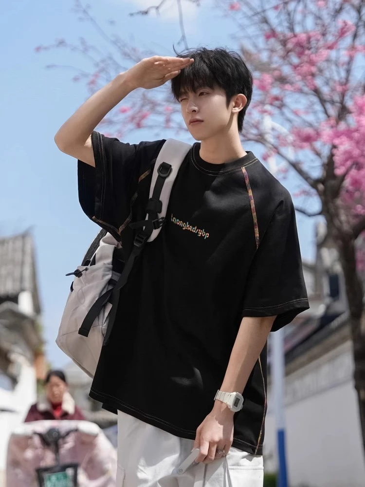 290g重磅黑色刺绣短袖T恤男夏季美式宽松半截袖