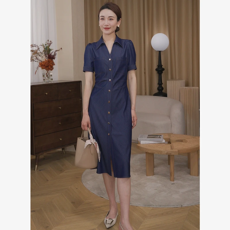 2540牛仔连衣裙女夏季新款气质法式设计感收腰显瘦复古新款裙子