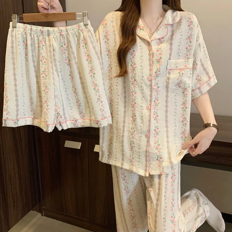 日系甜美夏季短袖睡衣女开衫套装学生风家居服